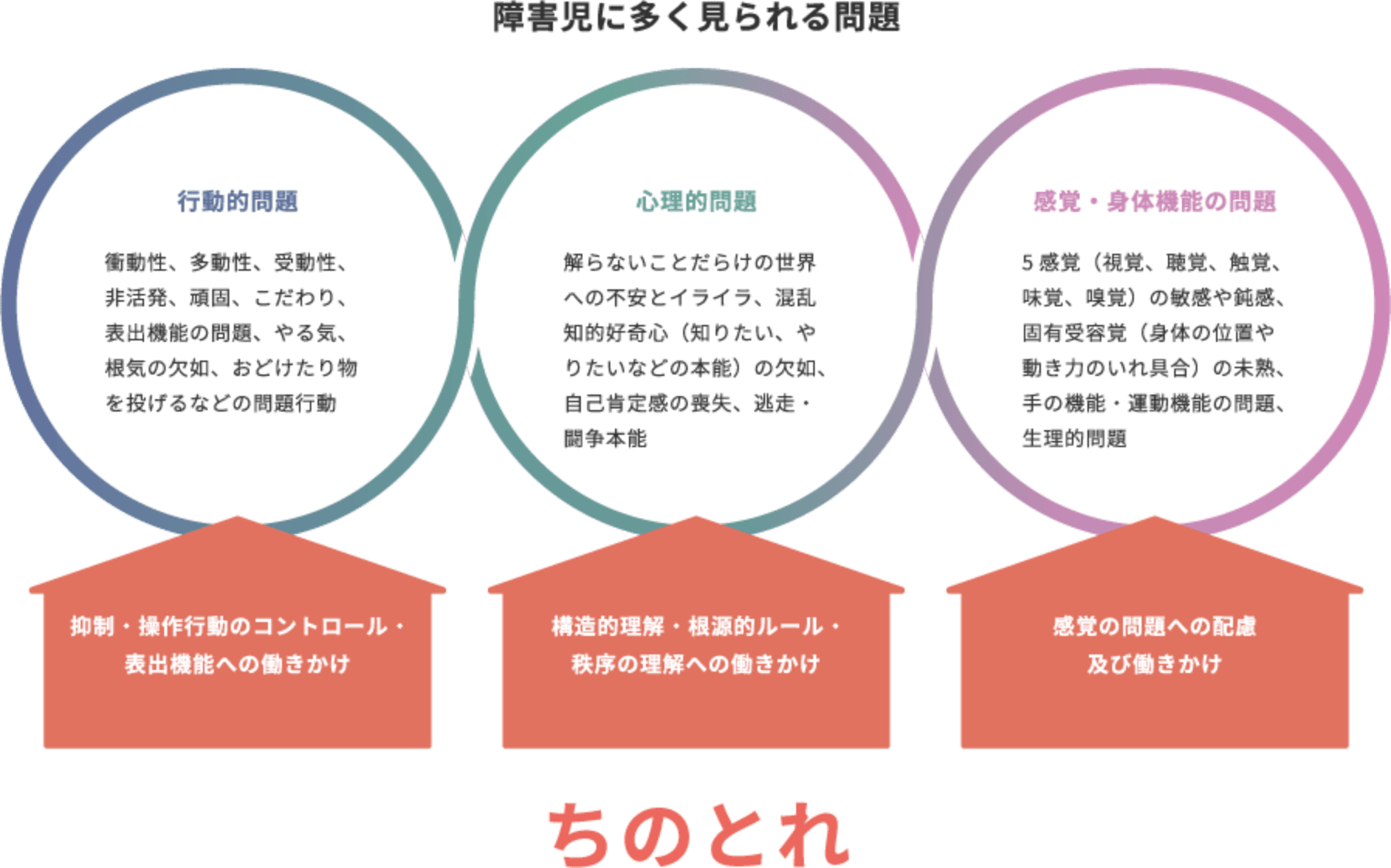 障害児に多く見られる問題の説明画像。行動的問題・心理的問題・感覚・身体機能の問題に対し、ちのとれではそれぞれに働きかけを行なっている。